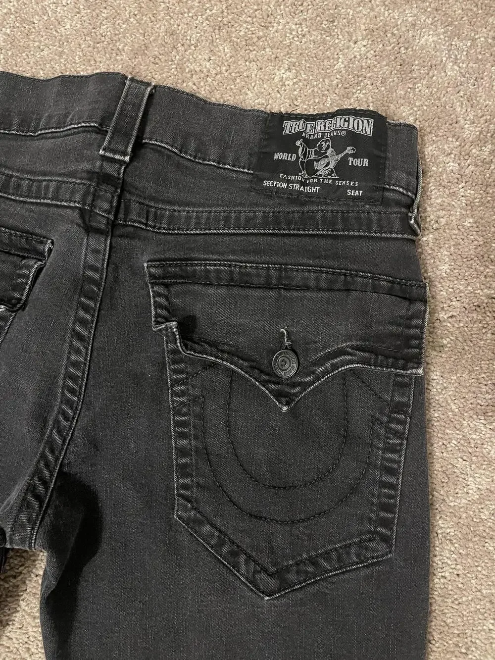 True Religion Jeans Mens 34x32 Black Section Straight Stretch Denim Flap Pockets
